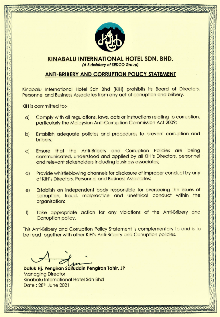 Anti Bribery And Corruption Policy Statement Kinabalu International 